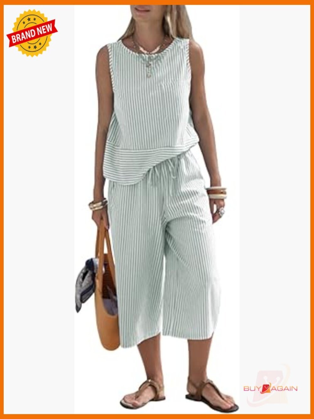 Summer 2 Piece Outfit Striped Tank & Capri Wide Leg Pants Set Cotton
